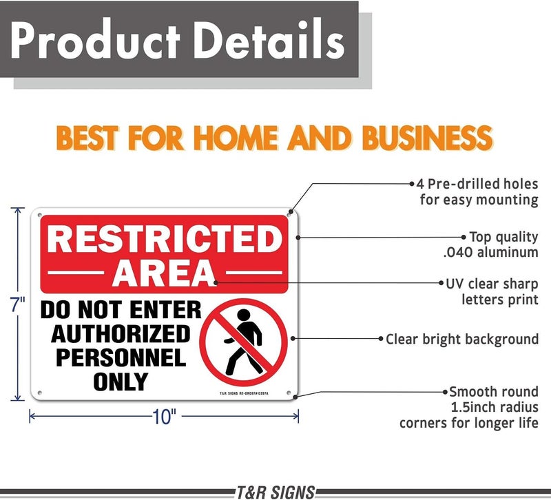 TR Restricted Area Do Not Enter Authorized Personnel Only Sign - 2 Pack - 10 x 7 Inches Rust Free .040 Aluminum - UV Protected, Waterproof, Weatherproof and Fade Resistant - 4 Pre-drilled Holes - Image 2